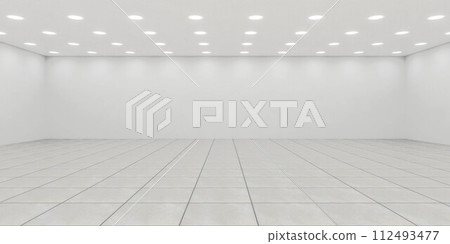 Empty room with white tile floors and lights 3d render illustration 112493477