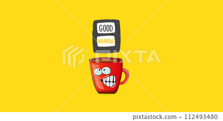 Good morning quote with cute red coffee cup character and speech bubble isolated yellow background. Vector good morning slogan and Coffee cartoon horizontal banner, label, funny banner design template 112493480