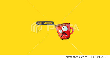 Good morning quote with cute red coffee cup character and speech bubble isolated yellow background. Vector good morning slogan and Coffee cartoon horizontal banner, label, funny banner design template Good morning quote with cute red coffee cup character and speech bubble isolated yellow background. Vector good morning slogan and Coffee cartoon horizontal banner, label, funny banner design template 112493485