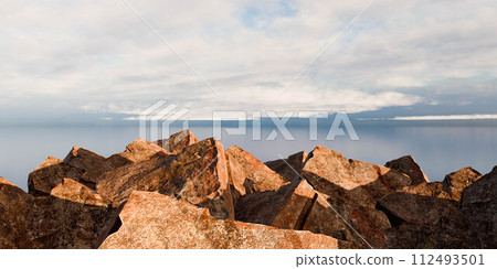 Majestic rock formation overlooking body of water 3d render illustration Majestic rock formation overlooking body of water 3d render illustration 112493501