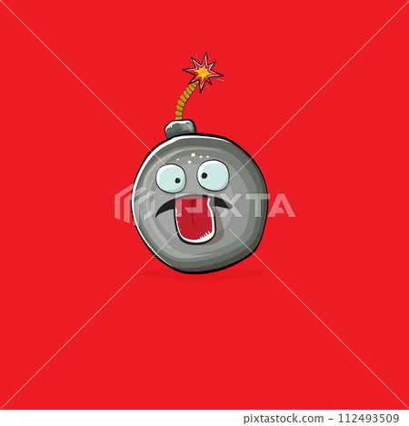 Cartoon burning bomb characters isolated on red background. Funky bomb character with eyes and mouth. Vector bomb clip art, emoji, label and sticker Cartoon burning bomb characters isolated on red background. Funky bomb character with eyes and mouth. Vector bomb clip art, emoji, label and sticker 112493509