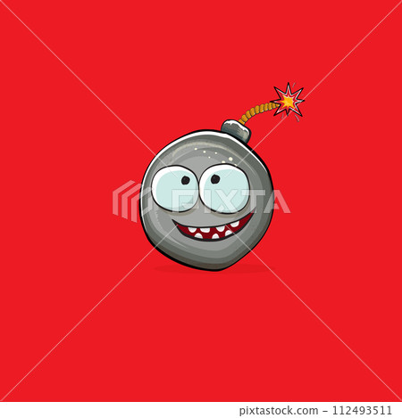 Cartoon burning bomb characters isolated on red background. Funky bomb character with eyes and mouth. Vector bomb clip art, emoji, label and sticker Cartoon burning bomb characters isolated on red background. Funky bomb character with eyes and mouth. Vector bomb clip art, emoji, label and sticker 112493511