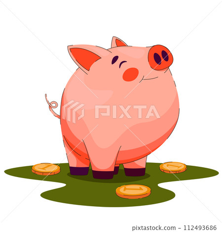 Satisfied cute round pig, piggy bank with coins around. Pink pig and adorable face 112493686
