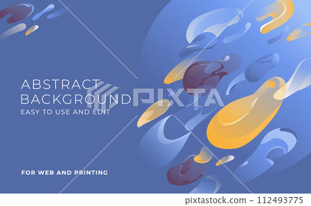 Design of abstract dynamic liquid shapes for header, banner, flyer. Horizontal. Blue colors. Vector flat illustration 112493775