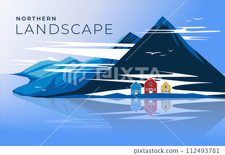 Traditional Scandinavian colored houses among the mountains. Reflection of the sea. Blue sky. Horizontal scene. Northern climate. Vector flat illustration Traditional Scandinavian colored houses among the mountains. Reflection of the sea. Blue sky. Horizontal scene. Northern climate. Vector flat illustration 112493781