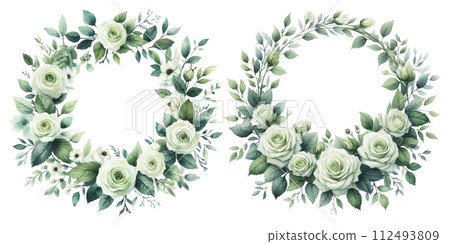 Watercolor illustration material set of green rose wreath 112493809