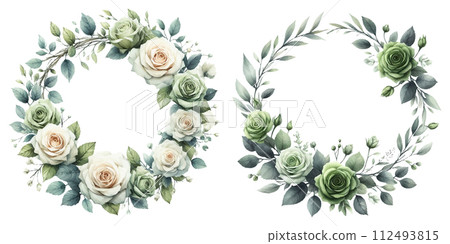Watercolor illustration material set of green rose wreath 112493815