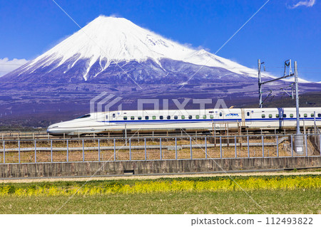 [靜岡縣_富士市_新幹線]藍天中的富士山和東海道新幹線 112493822