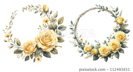 黃玫瑰花環水彩插畫素材集 112493831
