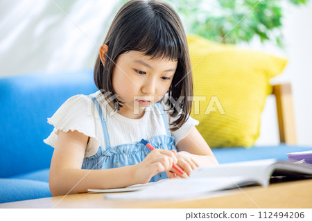 Elementary school girl studying in the living room Elementary school girl studying in the living room 112494206