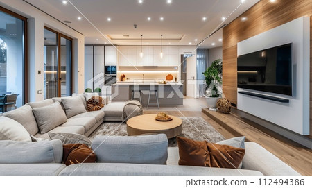 Living room, kitchen interior design for a modern home in a modern, beautiful and versatile style. Living room, kitchen interior design for a modern home in a modern, beautiful and versatile style. 112494386