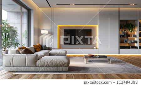 Living room, kitchen interior design for a modern home in a modern, beautiful and versatile style. 112494388