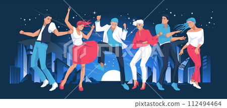 Young dancers against the background of night lights of the city. Club party or social event. Vector flat illustration. 112494464