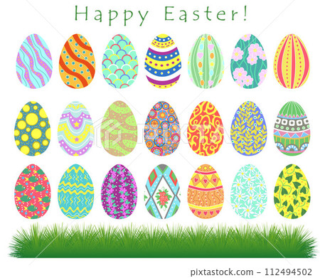 Spring holiday collection with Happy Easter eggs with different textures and patterns and grass isolated on white. Traditional symbols and objects set in flat design style.  112494502