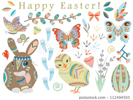 Hand drawn collection with Happy Easter holiday traditional symbols and objects - rabbit, egg, flowers, decorations in flat lay style isolated on white 112494503