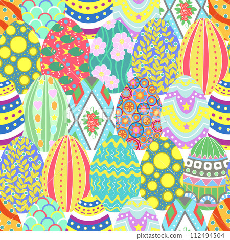 Seamless pattern with Happy Easter holiday traditional symbol - colorful eggs decorated in flat lay style Seamless pattern with Happy Easter holiday traditional symbol - colorful eggs decorated in flat lay style 112494504