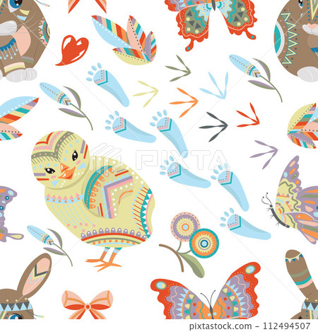Seamless pattern with Happy Easter holiday traditional symbols and objects - rabbit, chicken, butterfly, colorful eggs and hearts decorated in flat lay style against white background Seamless pattern with Happy Easter holiday traditional symbols and objects - rabbit, chicken, butterfly, colorful eggs and hearts decorated in flat lay style against white background 112494507
