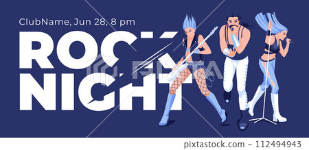 Rock music concert advertising banner. Musicians on large fonts and a dark background. Performance in a night club. Vector flat illustration 112494943