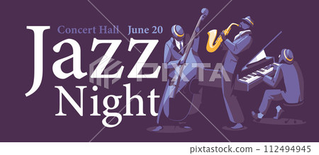 Advertising banner of a concert of jazz music. Musicians on large fonts and a dark background. Performance in a night club. Vector flat illustration 112494945