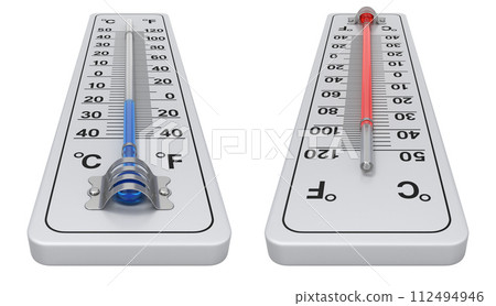 Wall thermometer with extreme temperatures - 3D illustration 112494946