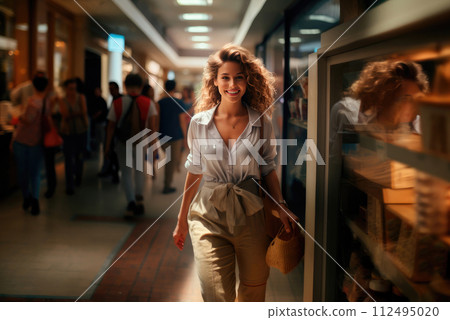 Young happy European woman walks through a shopping mall while shopping Young happy European woman walks through a shopping mall while shopping 112495020