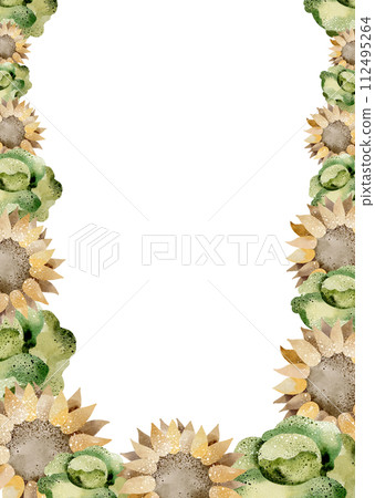 Harvest watercolor frame.Vegetable card design and seasonal flowers. Cabbage and sunflowers botanical pattern. Editable banner for invitation and print. 112495264