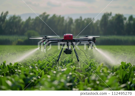 AI-generated content. Spraying agricultural chemicals from a drone in the field. Generative AI 112495270