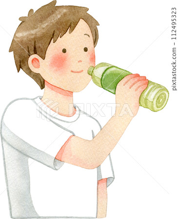 Watercolor illustration of a young man drinking a plastic bottle beverage 112495323