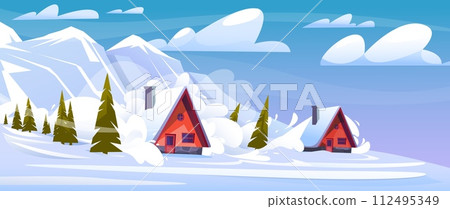 Avalanche on residential settlement. Natural danger disaster. Houses destruction. Elemental calamity. Snow descent from mountains. Winter season catastrophe. Cold landscape. Vector concept 112495349
