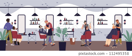 Barbershop hipster interior with visitors. Professional hairdressers cut hair and shave moustache. Combed clients on armchairs. Bearded men. Hairstyle beauty salon. Garish vector concept 112495358