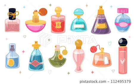 Cartoon perfumery bottles design. Glass toilet water flasks. Fragrant liquid packages. Pleasant smell sprays. Beauty products. Aroma cosmetics. Perfume containers. Recent vector set Cartoon perfumery bottles design. Glass toilet water flasks. Fragrant liquid packages. Pleasant smell sprays. Beauty products. Aroma cosmetics. Perfume containers. Recent vector set 112495379