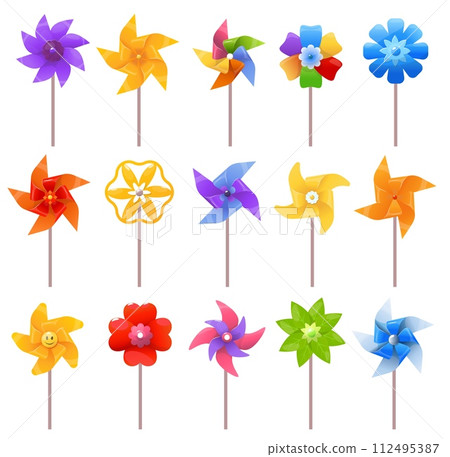 Cartoon pinwheel toys. Colorful spinning windmills made of paper. Kids propellers with different shape blades. Breeze mills. Rotated fans. Quantity vane. Vector plastic ventilators set 112495387