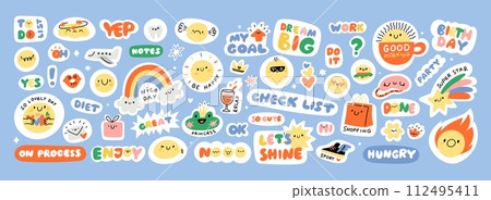 Cute kids diary stickers. Daily planner labels. Journal funny decor. Trendy lettering and design. Organizer to do reminders. Scrapbook icons. Emoticon and rainbow. Garish vector set Cute kids diary stickers. Daily planner labels. Journal funny decor. Trendy lettering and design. Organizer to do reminders. Scrapbook icons. Emoticon and rainbow. Garish vector set 112495411