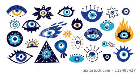 Evil eyes. Turkish or Greek talisman icons. Magical amulets. Hamsa esoteric symbols. Blue color Fatima eyeballs with lashes. Traditional occult souvenir. Fire sight. Garish vector set 112495427