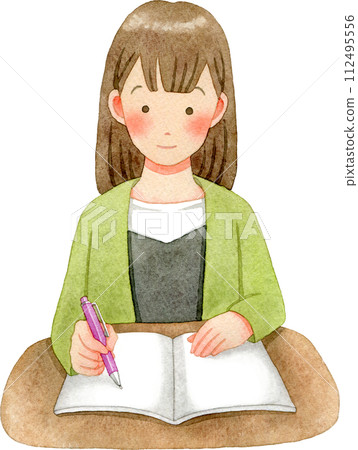 Watercolor illustration of a girl (junior high school student/high school student) studying 112495556