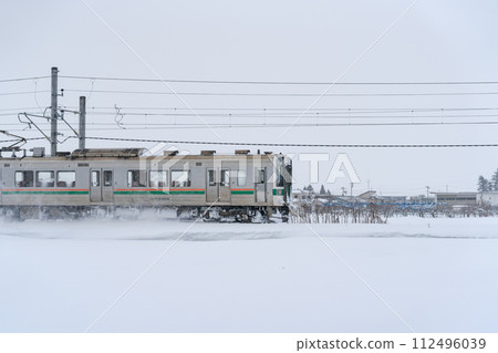 Railway Train Local Line Conventional Line Snowy Landscape Snow Country Blizzard Railway Train Local Line Conventional Line Snowy Landscape Snow Country Blizzard 112496039