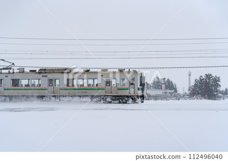 Railway Train Local Line Conventional Line Snowy Landscape Snow Country Blizzard Railway Train Local Line Conventional Line Snowy Landscape Snow Country Blizzard 112496040