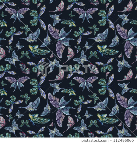 Hand drawn watercolor illustration butterfly fairy wings gem crystal insect moth. Amethyst emerald fluorite moonstone. Seamless pattern isolated dark background. Design print, shop, wedding, package Hand drawn watercolor illustration butterfly fairy wings gem crystal insect moth. Amethyst emerald fluorite moonstone. Seamless pattern isolated dark background. Design print, shop, wedding, package 112496060