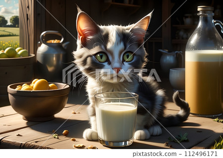 the cat sits on the table near the milk, on a rural farm. 112496171
