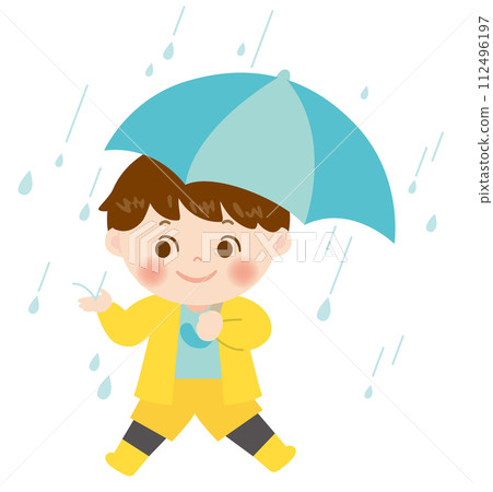 一個男孩在下雨天的插畫 112496197