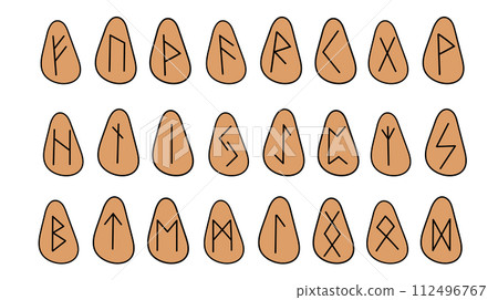 Set of runes. Collection of hand drawn doodle of runic old Norse Scandinavia symbols on stone. Vector flat illustration of Celtic glyphs. Icons for website, book, game design. Set of runes. Collection of hand drawn doodle of runic old Norse Scandinavia symbols on stone. Vector flat illustration of Celtic glyphs. Icons for website, book, game design. 112496767
