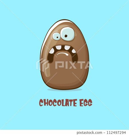 Cartoon chocolate easter egg cartoon characters isolated on blue background. My name is egg vector concept illustration. funky sweet chocolate easter egg character with eyes and mouth 112497294