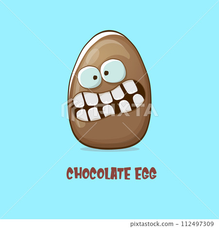 Cartoon chocolate easter egg cartoon characters isolated on blue background. My name is egg vector concept illustration. funky sweet chocolate easter egg character with eyes and mouth 112497309