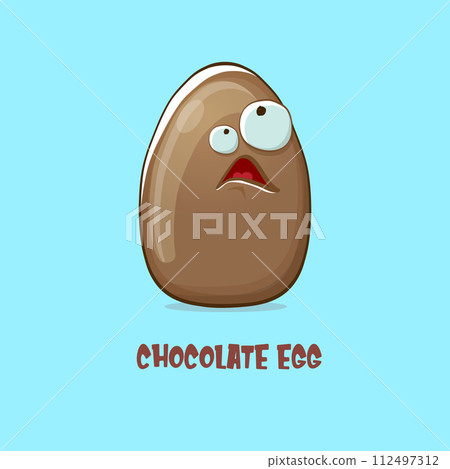 Cartoon chocolate easter egg cartoon characters isolated on blue background. My name is egg vector concept illustration. funky sweet chocolate easter egg character with eyes and mouth Cartoon chocolate easter egg cartoon characters isolated on blue background. My name is egg vector concept illustration. funky sweet chocolate easter egg character with eyes and mouth 112497312