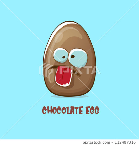 Cartoon chocolate easter egg cartoon characters isolated on blue background. My name is egg vector concept illustration. funky sweet chocolate easter egg character with eyes and mouth 112497316