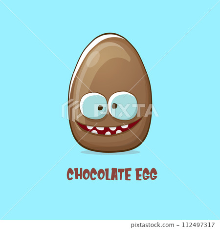 Cartoon chocolate easter egg cartoon characters isolated on blue background. My name is egg vector concept illustration. funky sweet chocolate easter egg character with eyes and mouth 112497317