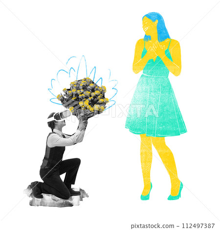 Contemporary art collage. Young man in virtual reality glasses proposed bench of flowers to painted woman. Abstract design. 112497387