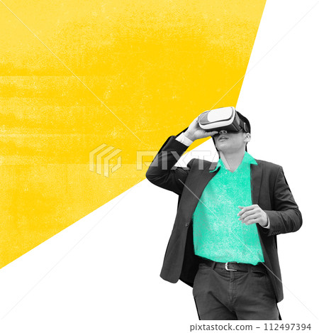 Contemporary art collage. Researcher, businessman in smart casual attire looking up in virtual reality headset. Abstract design. 112497394