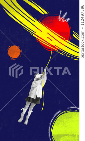 Contemporary art collage. Little girl, child in VR headset flying on balloon. Abstract painted design. Contemporary art collage. Little girl, child in VR headset flying on balloon. Abstract painted design. 112497396