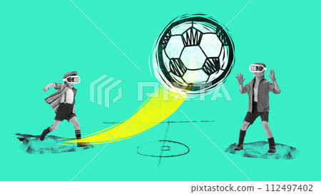 Contemporary art collage. Two boys, students in retro clothes in VR headsets playing football with drawn ball flying in motion. Abstract design. Contemporary art collage. Two boys, students in retro clothes in VR headsets playing football with drawn ball flying in motion. Abstract design. 112497402